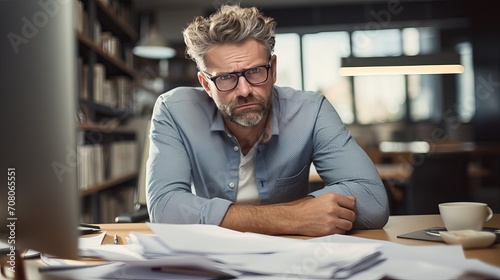 A man with a beard, who is either an entrepreneur or architect, is very angry and exclaims loudly while sitting at a messy desktop. he wears glasses and is working on a startup project