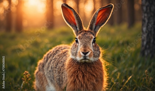 Beautiful close-up portrait of a hare in the forest at sunset in the grass.