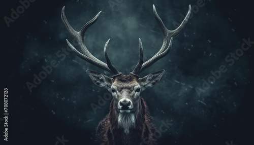 Majestic stag stands in snowy forest, looking at camera tranquilly generated by AI