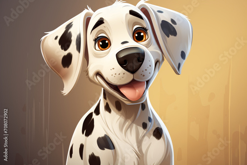 A lively cartoon-style dalmatian with spots, floppy ears, and an energetic personality.
