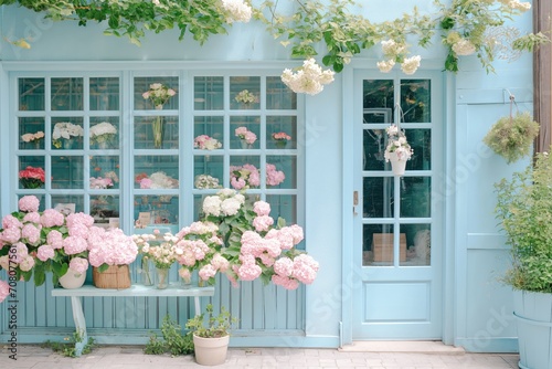 The picturesque exterior of a flower shop, with its pastel-colored walls and doors, beautifully decorated with an array of blooming flowers.