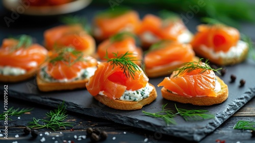 Valentines day Amorous Appetizer, Heart-Shaped Smoked Salmon Blinis with Dill and Cream Cheese on a Sleek Slate Serving Board Modern Chic, Culinary Minimalism.