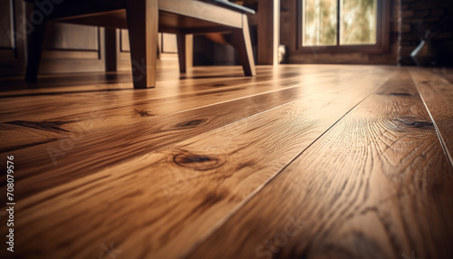 Old hardwood table on parquet flooring in a rustic room generated by AI
