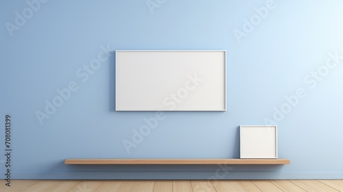 Empty podium for product presentation on a soft blue background, with blank frame for teks.