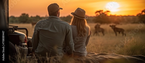 a couple on a safari sitting wildlife