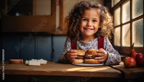 Little Girl Sitting at Table With Hamburger