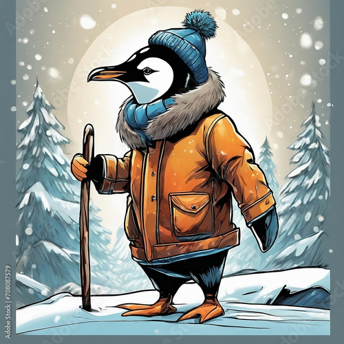 A picture of a penguin walking in the North Pole, wearing a wool coat to keep warm, and expressing his intelligence through his innate interaction with the icy environment, showing his understanding o
