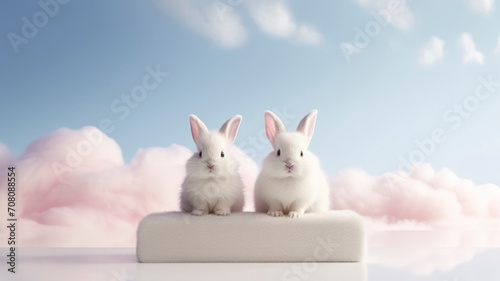 fluffy white cute bunnies a couple of tender ones on the podium atmospheric background of clouds dreamy image