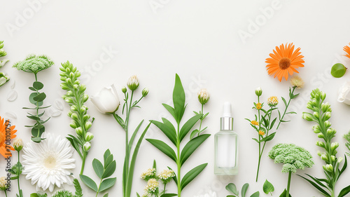 Beautiful arrangement with flowers, plants and a bottle of lotion. White background. Copy space.