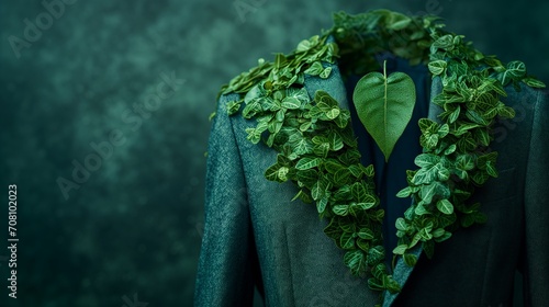 Businessman suit wears a tie made of green leaves, environmental consciousness sustainability Ideal for eco-conscious and sustainable business themes environment ,analysis, investment, green business