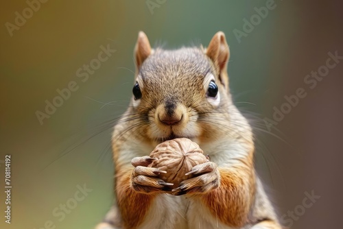 Curious squirrel holding a nut with its tiny paws