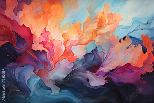 Iridescent waves of teal and coral dancing together, forming a magical and enchanting abstract landscape of liquid beauty.