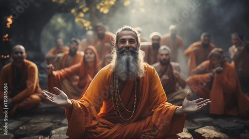 Indian guru smiles with his disciples behind him