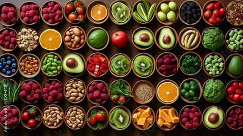 Geometrically arranged dishes with a variety of fruits, berries and nuts, creating a color scheme against a dark background. Concept: Healthy food for a diet menu. Vitamins and microelements 