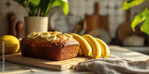 Homemade Banana Bread Delight. Freshly baked banana bread topped with banana slices on light kitchen background.