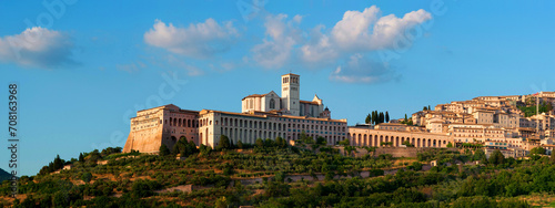 panoramic town view, cityscape of Assisi with Basilica San Francesco, Saint Francis, in sunset Assisi, Umbria, Italy Europe