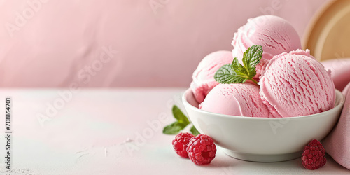 Pastel Gelato balls. Scoops of gelato with mint on flat background with copy space.