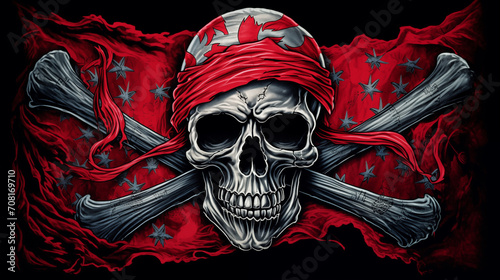 Piratenflagge gefährlicher Totenkopf, Freibeuter der Meere, Jolly Rogers auf einer Fahne