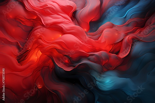 Luminous ruby red and midnight teal liquids creating a hypnotic visual symphony