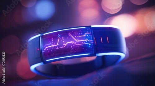 Closeup of a wristband with a biometric sensor monitoring sleep patterns.