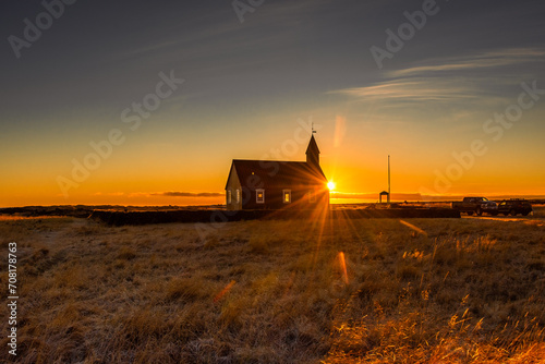 The Black Church of Budir at sunset, Iceland