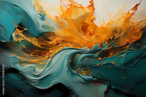 Molten gold and emerald green liquids clash in a breathtaking dance, their collision producing an intense abstract spectacle captured in high definition.