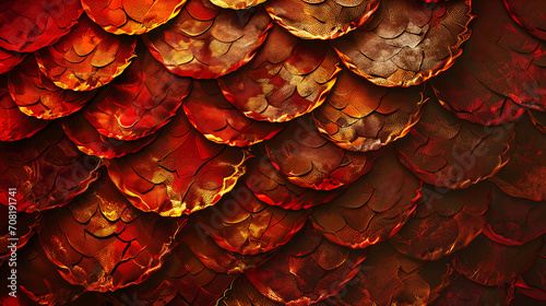 An abstract background with intricate patterns inspired by dragon scales, red and gold colors