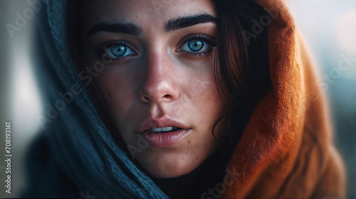 Ethnic woman with blue eyes wearing a shawl, beauty with an intense and mysterious look, expressive and emotional portrait