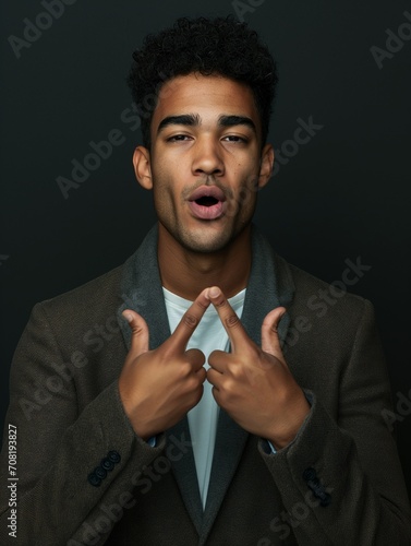 Digital drawing representing a smart handsome deaf person, young black man talking in sign language, using his hands and face to communicate, or a singer mouth open, teaching how to sing, vocal coach