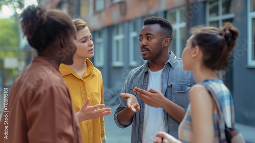 Group of deaf friends having a sign language conversation, four hearing-impaired people signing, talking with hands gestures, looking at each other telling a story, asking or answering questions