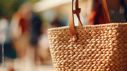 Detailed view of a woven straw tote bag, perfect for a day at the farmers market or a beach trip.