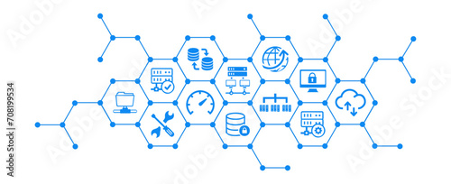 Server vector illustration. Concept with icons on data center infrastructure, server maintenance database hosting storage, digital network, cloud computing, data security, datacenter equipment.