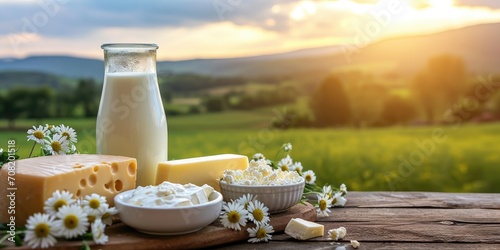 Fresh milk and several types of cheese and cottage cheese on a wooden table on a farm against a field. Sunny morning dairy farm products