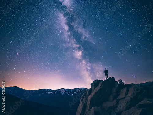 Man standing on top of the mountain and watching the milky way