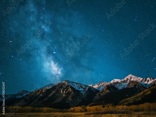Milky way over the mountains at night with yellow and blue sky