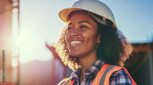 Happy black african american female construction worker, professional portrait of a tradeswoman builder, copy space