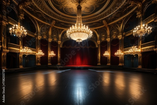 Opulent theater hall with lit chandeliers and stage.