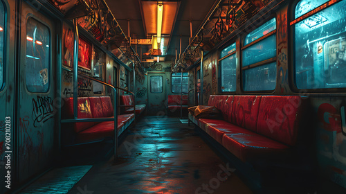 train carriage at night with graffiti
