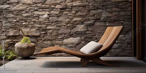 Cozy scandinavian lounge at the garden with comfortabla garden chair stone wall interior zen