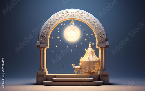 3D illustration of a crescent moon decoration in an Islamic lantern with an arabesque arched door at the back and a cannon beside it displayed on a white podium. generative ai