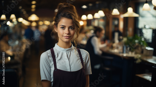 Young cheerful waitress at restaurant