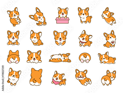 Cute kawaii corgi dog. Funny puppy cartoon animal characters. Hand drawn style. Vector drawing. Collection of design elements.