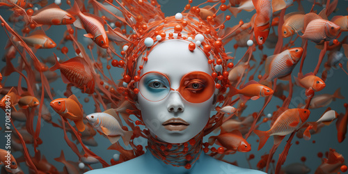 surrealism woman droid with white and orange colors hals sunglasses and golden fishes arround