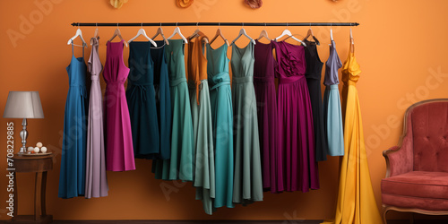 A lot of colorful pretty dresses on hanger in deep winter color type colors orange wall sofa and lamp in the dressing room