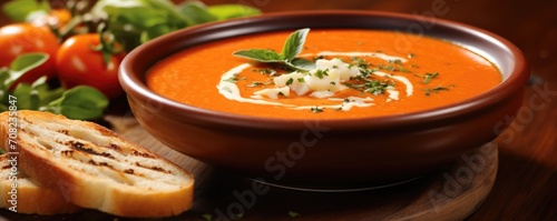 In this visually stunning food shot, a luscious bowl of creamy Cider Avoid infused tomato soup takes center stage, topped with a sprinkle of fragrant herbs and accompanied by warm, crusty