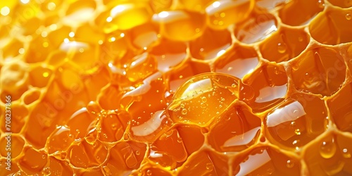 Honey texture close up, golden honeycomb background. AI generated image. 
