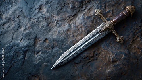 Intricately designed medieval dagger on a stone background
