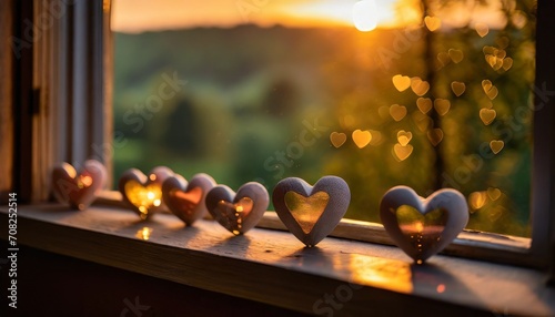 夕日が差し込む窓辺に、小さなハートのオブジェが並んだバレンタインをイメージしたAI画像