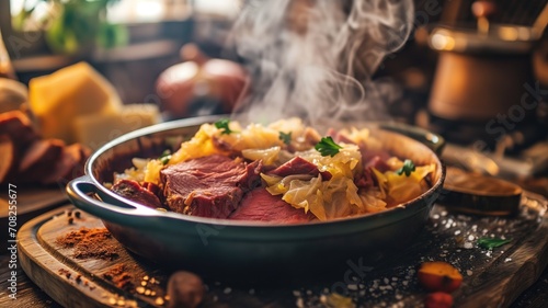 Steamy corned beef and cabbage in a rustic kitchen setting