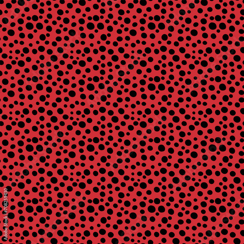 Seamless vector repeat pattern with ditsy black dots on red, ladybug ladybird texture. Simple versatile backdrop for festive dramatic holiday packaging and more.